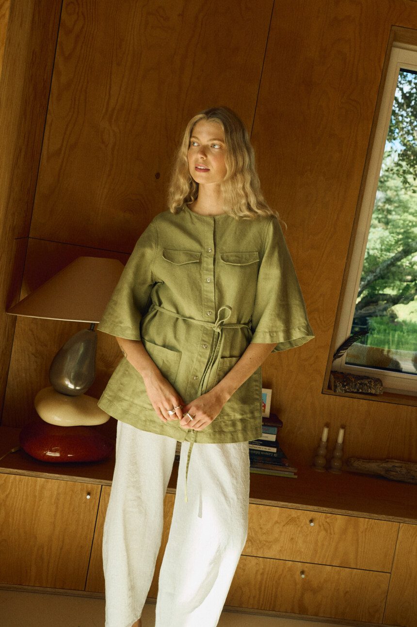 Olive heavy linen button-up shirt with natural wide-leg linen pants