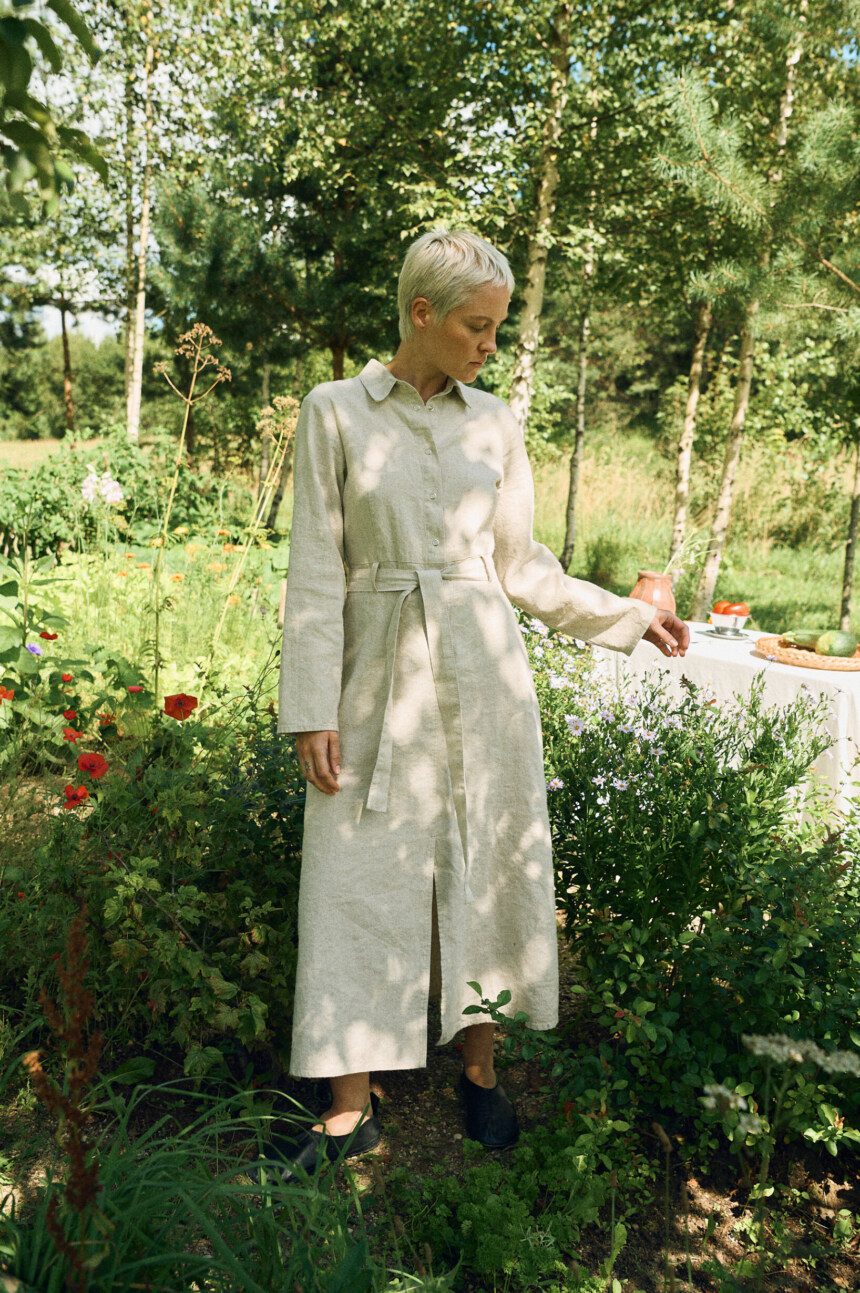 Utility dress in natural linen cotton blend with matching fabric belt